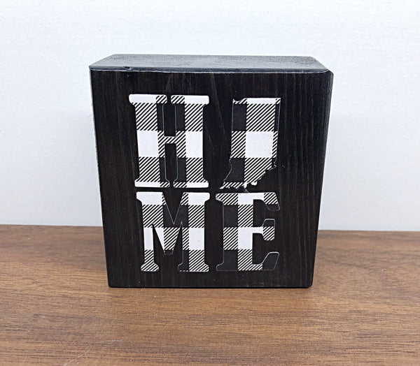 Mini Indiana Home Black and White Plaid Shelf Sign, 3 Inch Block for Tiered Tray Decor