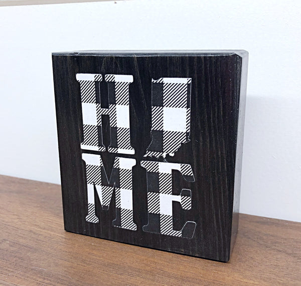 Mini Indiana Home Black and White Plaid Shelf Sign, 3 Inch Block for Tiered Tray Decor