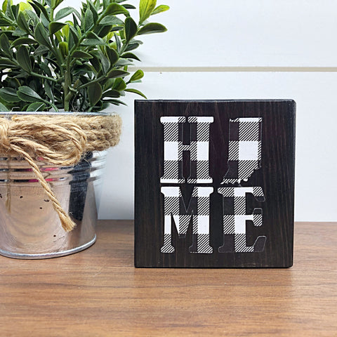 Mini Indiana Home Black and White Plaid Shelf Sign, 3 Inch Block for Tiered Tray Decor