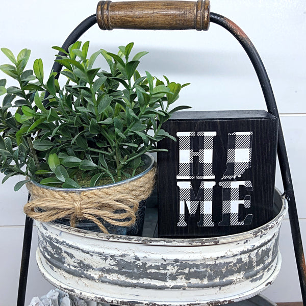 Mini Indiana Home Black and White Plaid Shelf Sign, 3 Inch Block for Tiered Tray Decor