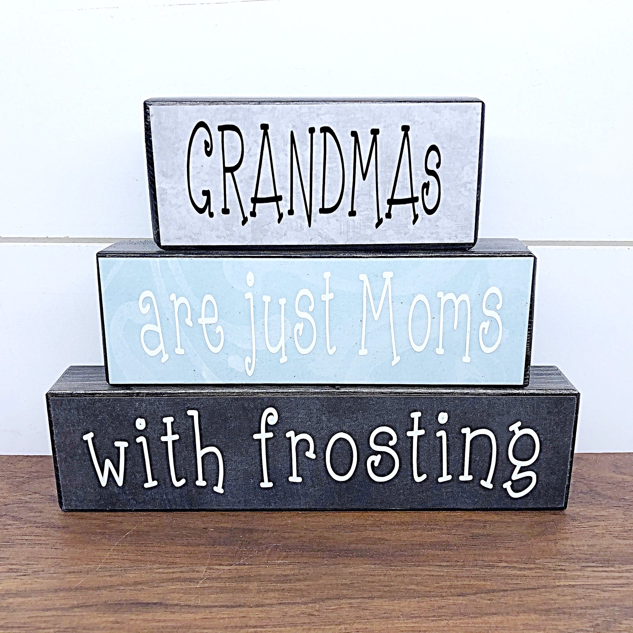 Grandmas Are Moms With Frosting Stacked Block Set - Nana, Mimi Gift - Rustic Wooden Shelf Decor