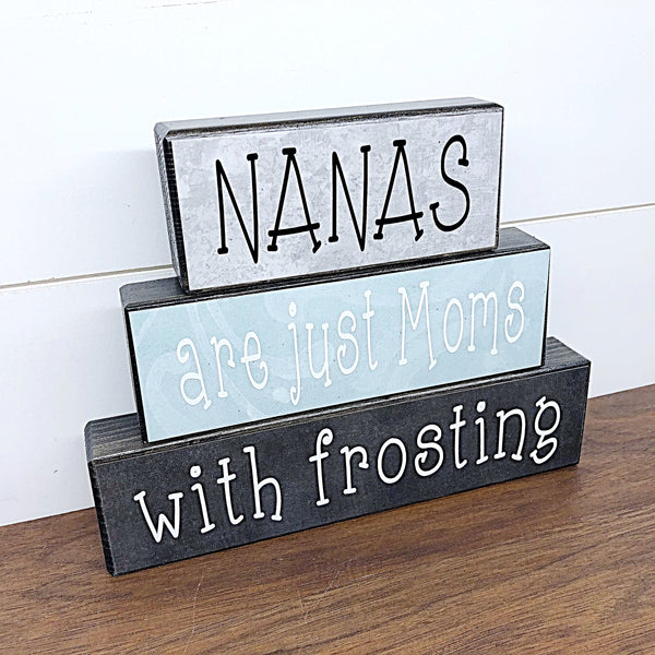 Grandmas Are Moms With Frosting Stacked Block Set - Nana, Mimi Gift - Rustic Wooden Shelf Decor