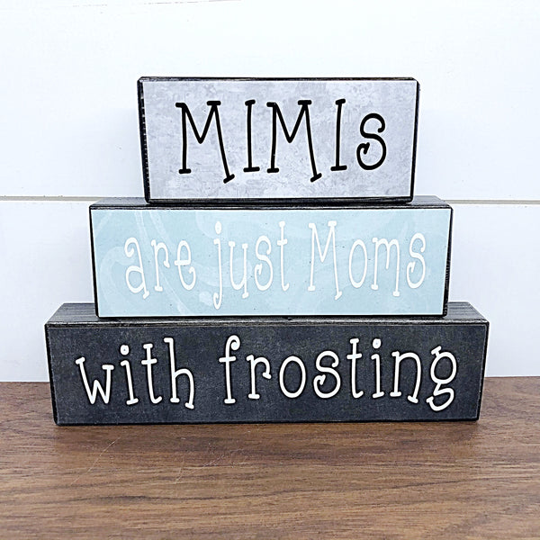 Grandmas Are Moms With Frosting Stacked Block Set - Nana, Mimi Gift - Rustic Wooden Shelf Decor