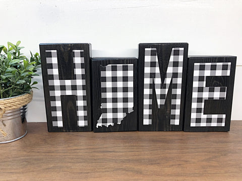 Indiana Home Wooden Letter Block Set, Black and White Plaid Rustic Farmhouse Style Decor for Shelf, Mantle or Tabletop