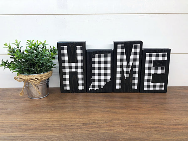 Indiana Home Wooden Letter Block Set, Black and White Plaid Rustic Farmhouse Style Decor for Shelf, Mantle or Tabletop