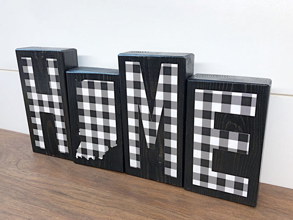 Indiana Home Wooden Letter Block Set, Black and White Plaid Rustic Farmhouse Style Decor for Shelf, Mantle or Tabletop