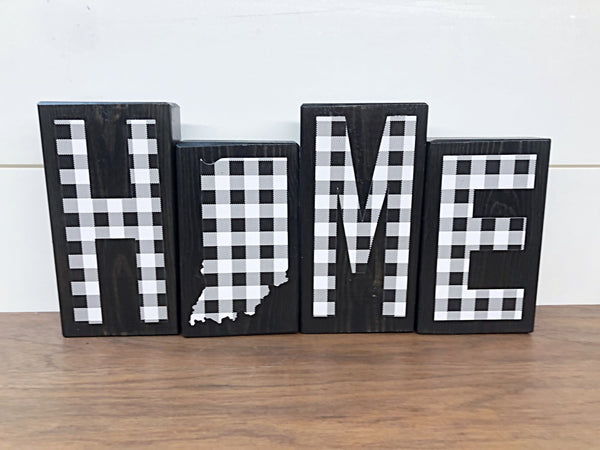 Indiana Home Wooden Letter Block Set, Black and White Plaid Rustic Farmhouse Style Decor for Shelf, Mantle or Tabletop