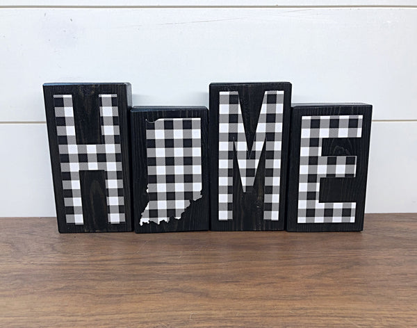 Indiana Home Wooden Letter Block Set, Black and White Plaid Rustic Farmhouse Style Decor for Shelf, Mantle or Tabletop