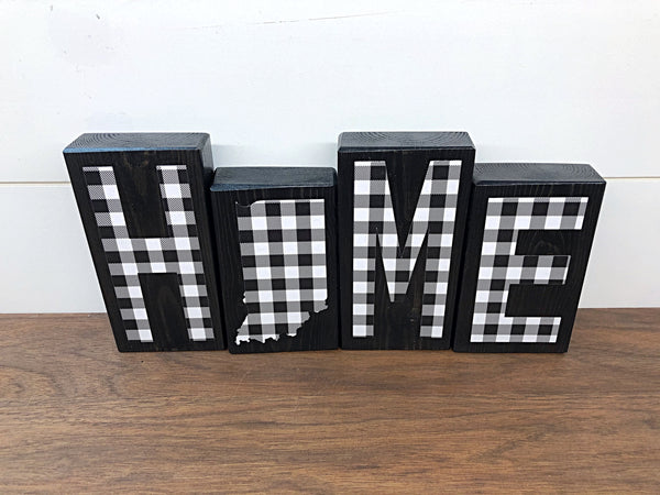 Indiana Home Wooden Letter Block Set, Black and White Plaid Rustic Farmhouse Style Decor for Shelf, Mantle or Tabletop