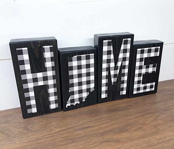 Indiana Home Wooden Letter Block Set, Black and White Plaid Rustic Farmhouse Style Decor for Shelf, Mantle or Tabletop