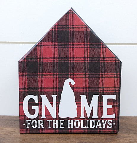 Wooden House Block Sign, Plaid Gnome for the Holidays, Farmhouse Style Home Decor for Mantle, Tabletop or Shelf