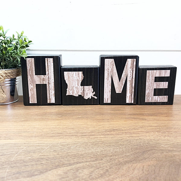 Louisiana Home Letter Block Set, Wooden Farmhouse Style Decor for Shelf, Mantle or Tabletop