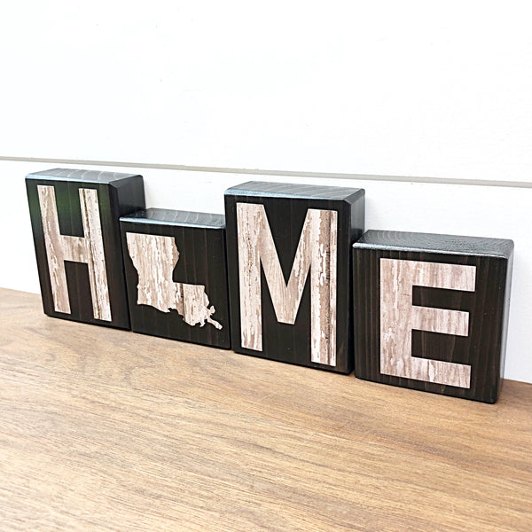 Louisiana Home Letter Block Set, Wooden Farmhouse Style Decor for Shelf, Mantle or Tabletop