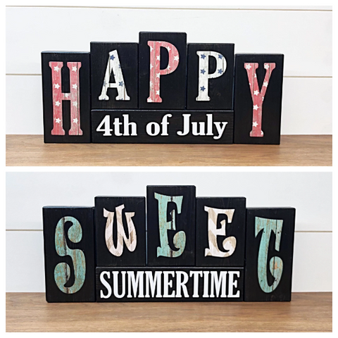 Reversible Happy 4th of July and Sweet Summertime Rustic Wooden Letter Block Set, Double Sided Decor for Shelf, Mantle or Tabletop
