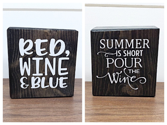 Reversible Holiday Wine Themed Blocks, Set of 5 Rustic Wooden Block Signs, Farmhouse Decor for Shelf, Tabletop or Mantle