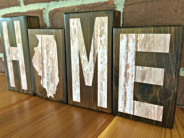 Illinois Home Rustic Wooden Letter Block Set, Farmhouse Style Decor for Shelf, Mantle or Tabletop