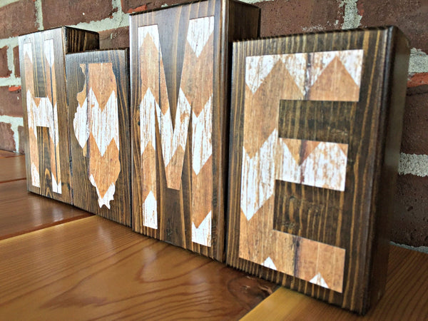 Illinois Home Wooden Letter Block Set in Brown and White Chevron, Rustic Decor for Shelf, Mantle or Tabletop