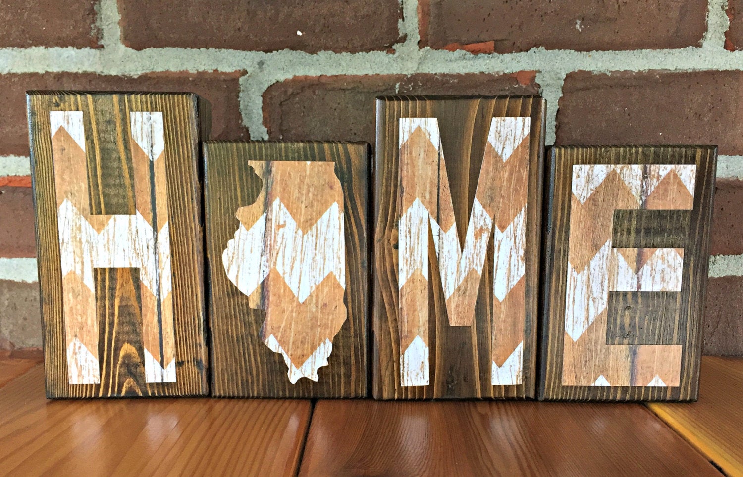 Illinois Home Wooden Letter Block Set in Brown and White Chevron, Rustic Decor for Shelf, Mantle or Tabletop