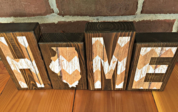 Illinois Home Wooden Letter Block Set in Brown and White Chevron, Rustic Decor for Shelf, Mantle or Tabletop