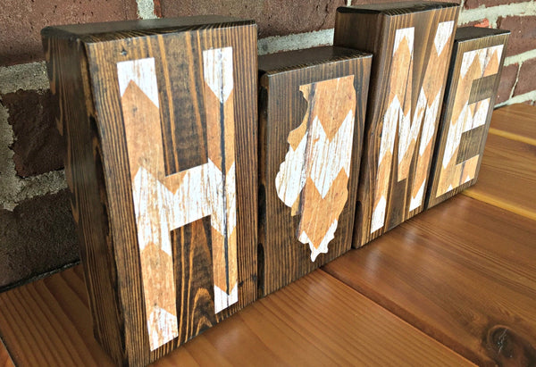 Illinois Home Wooden Letter Block Set in Brown and White Chevron, Rustic Decor for Shelf, Mantle or Tabletop