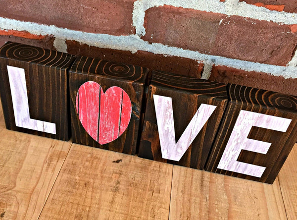 Love Rustic Wooden Letter Block Set, Red and White Decor for Shelf, Mantle or Tabletop