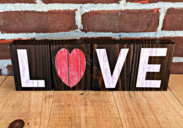 Love Rustic Wooden Letter Block Set, Red and White Decor for Shelf, Mantle or Tabletop