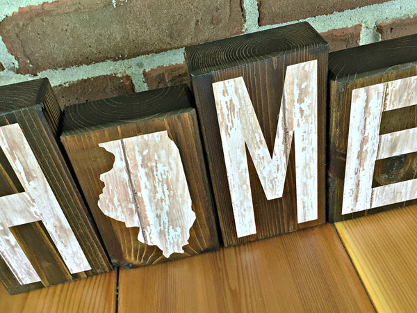 Illinois Home Rustic Wooden Letter Block Set, Farmhouse Style Decor for Shelf, Mantle or Tabletop