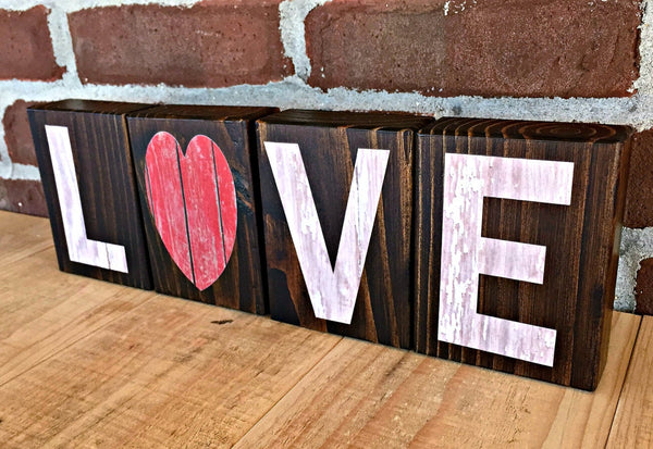 Love Rustic Wooden Letter Block Set, Red and White Decor for Shelf, Mantle or Tabletop