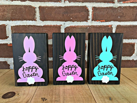 Hoppy Easter Bunny Wooden Block, Rustic Block Sign for Shelf, Mantle or Tiered Tray