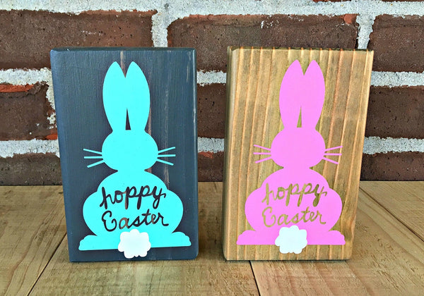 Hoppy Easter Bunny Wooden Block, Rustic Block Sign for Shelf, Mantle or Tiered Tray