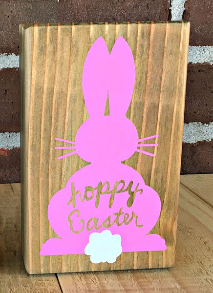 Hoppy Easter Bunny Wooden Block, Rustic Block Sign for Shelf, Mantle or Tiered Tray