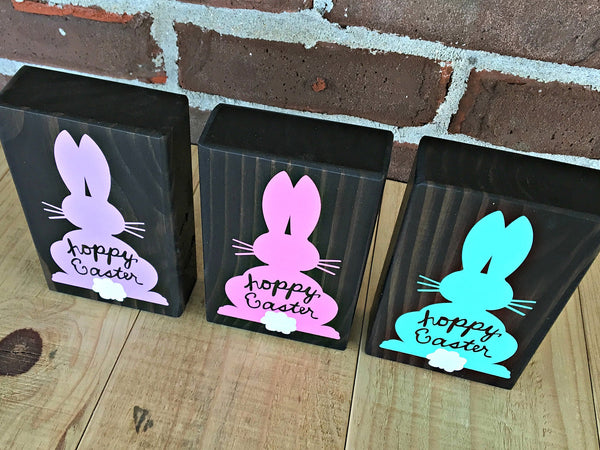 Hoppy Easter Bunny Wooden Block, Rustic Block Sign for Shelf, Mantle or Tiered Tray