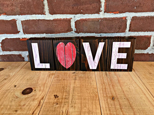 Love Rustic Wooden Letter Block Set, Red and White Decor for Shelf, Mantle or Tabletop