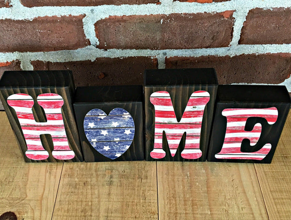 Red White and Blue Home Rustic Wooden Letter Block Set,  Patriotic Flag Themed Decor for Shelf, Mantle or Tabletop