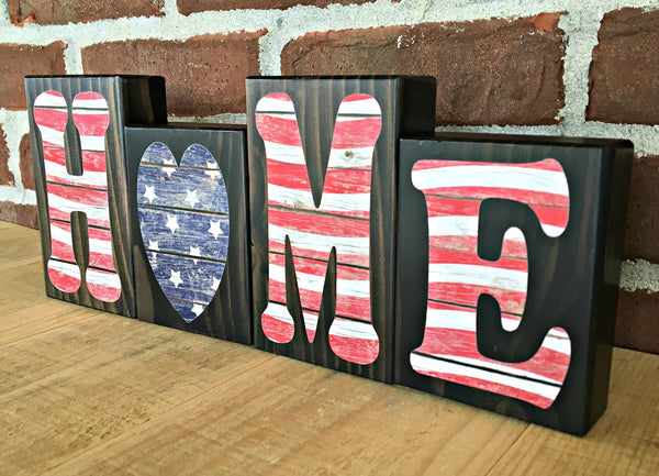 Red White and Blue Home Rustic Wooden Letter Block Set,  Patriotic Flag Themed Decor for Shelf, Mantle or Tabletop