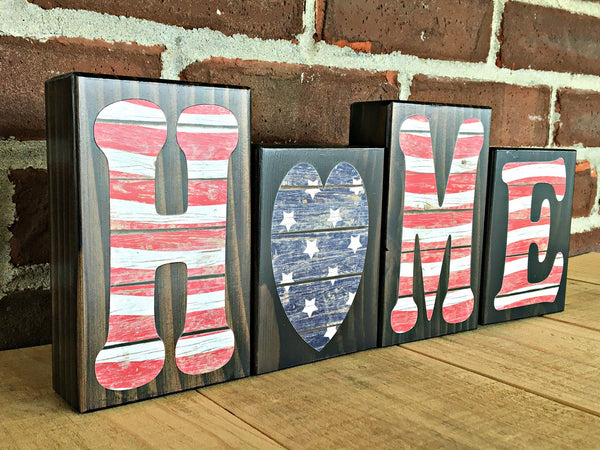 Red White and Blue Home Rustic Wooden Letter Block Set,  Patriotic Flag Themed Decor for Shelf, Mantle or Tabletop