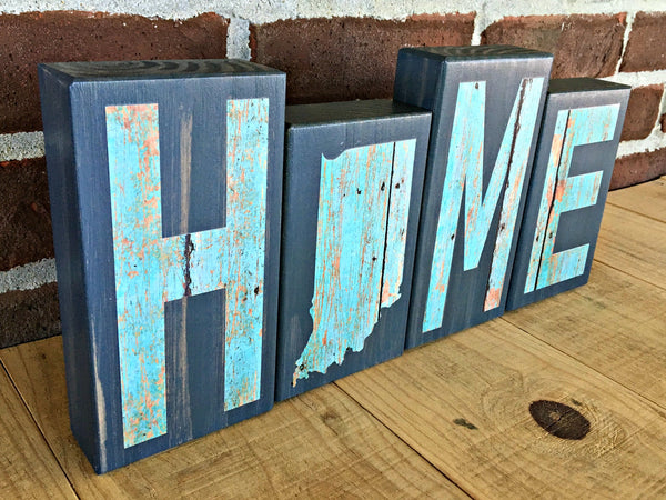 Indiana Home Wooden Letter Block Set in Turquoise and Gray, Rustic Decor for Shelf, Mantle or Tabletop