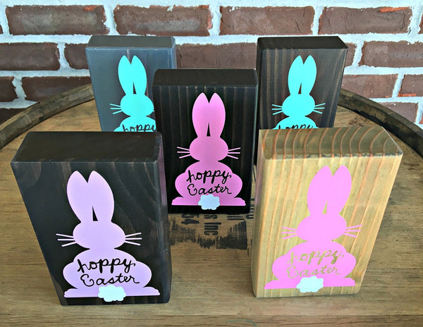 Hoppy Easter Bunny Wooden Block, Rustic Block Sign for Shelf, Mantle or Tiered Tray