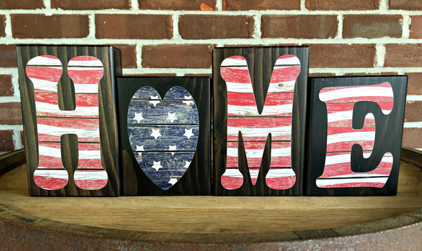 Red White and Blue Home Rustic Wooden Letter Block Set,  Patriotic Flag Themed Decor for Shelf, Mantle or Tabletop