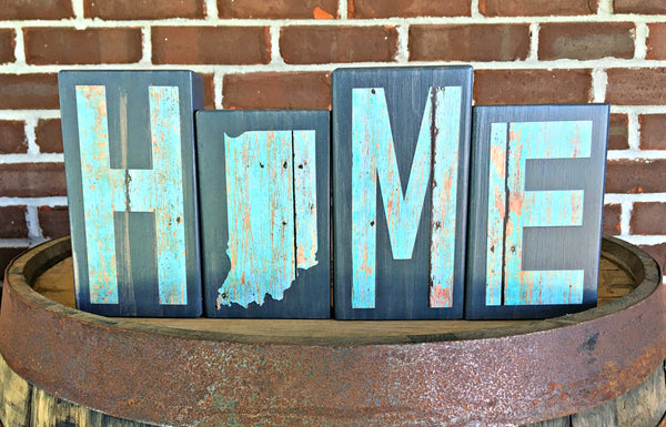 Indiana Home Wooden Letter Block Set in Turquoise and Gray, Rustic Decor for Shelf, Mantle or Tabletop