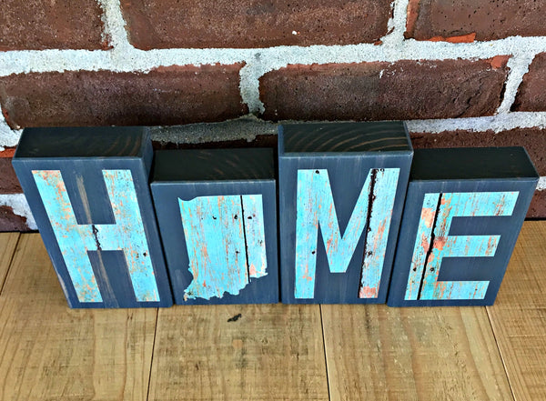 Indiana Home Wooden Letter Block Set in Turquoise and Gray, Rustic Decor for Shelf, Mantle or Tabletop