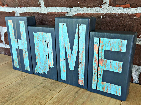 Indiana Home Wooden Letter Block Set in Turquoise and Gray, Rustic Decor for Shelf, Mantle or Tabletop