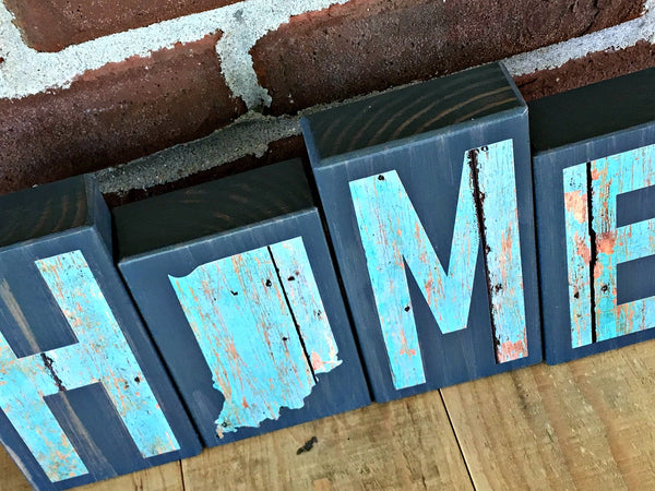 Indiana Home Wooden Letter Block Set in Turquoise and Gray, Rustic Decor for Shelf, Mantle or Tabletop