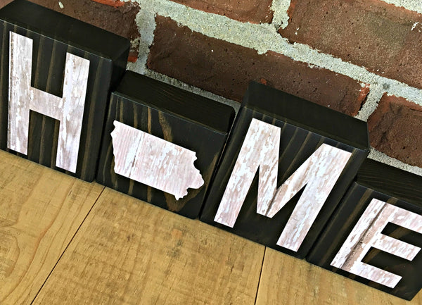 Iowa Home Wooden Letter Block Set, Farmhouse Style Decor for Shelf, Mantle or Tabletop