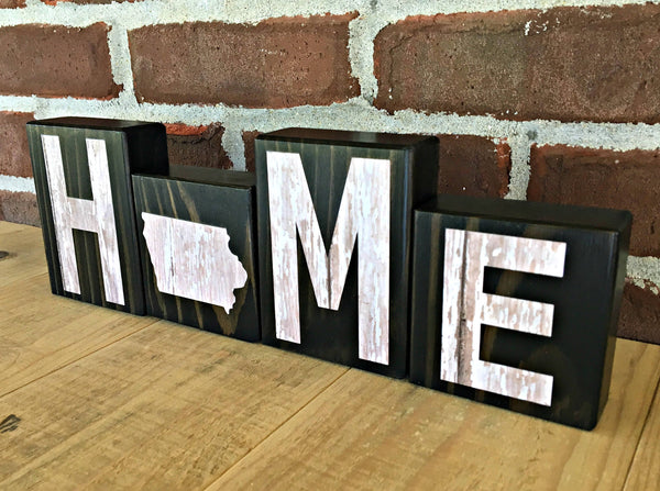 Iowa Home Wooden Letter Block Set, Farmhouse Style Decor for Shelf, Mantle or Tabletop