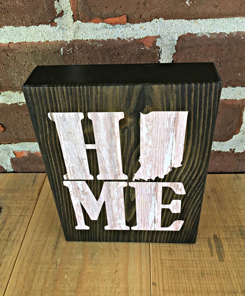 Indiana Home Rustic Wooden Block Sign, State Home Farmhouse Style Decor for Shelf, Mantle or Tabletop