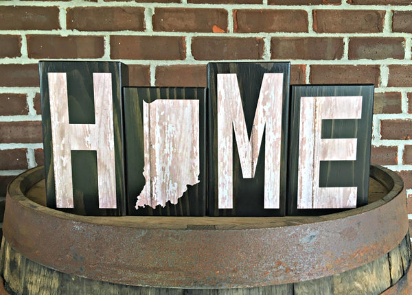 Indiana Home Wooden Letter Block Set, Rustic Farmhouse Style Decor for Shelf, Mantle or Tabletop