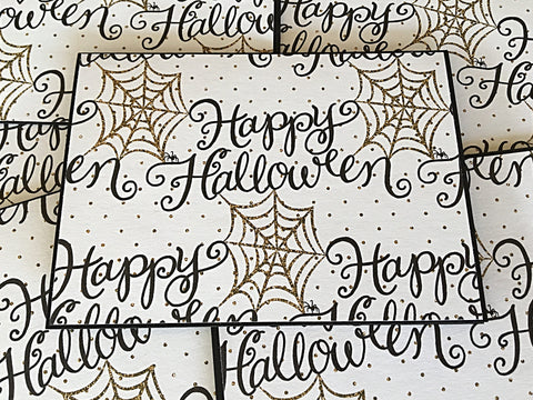 Happy Halloween Note Card Set of 6, Handmade Black and Gold Glam Halloween Cards