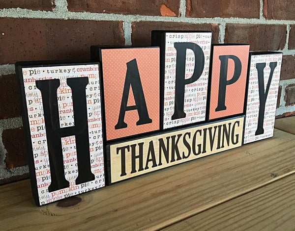 Reversible Merry Christmas and Happy Thanksgiving Letter Block Set for Shelf or Mantle Decor