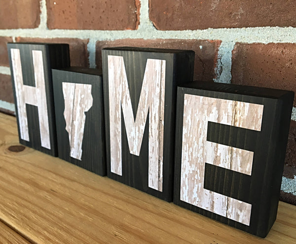 Vermont Home Rustic Wooden Letter Block Set, Farmhouse Style Vermont Decor for Shelf, Mantle or Tabletop